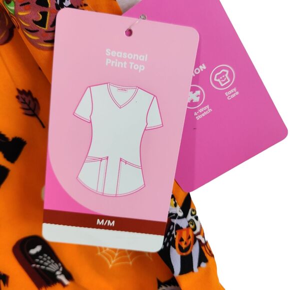 Scrubstar V Neck Scrub Top Womens Size Medium Orange Halloween Theme New - Picture 6 of 7